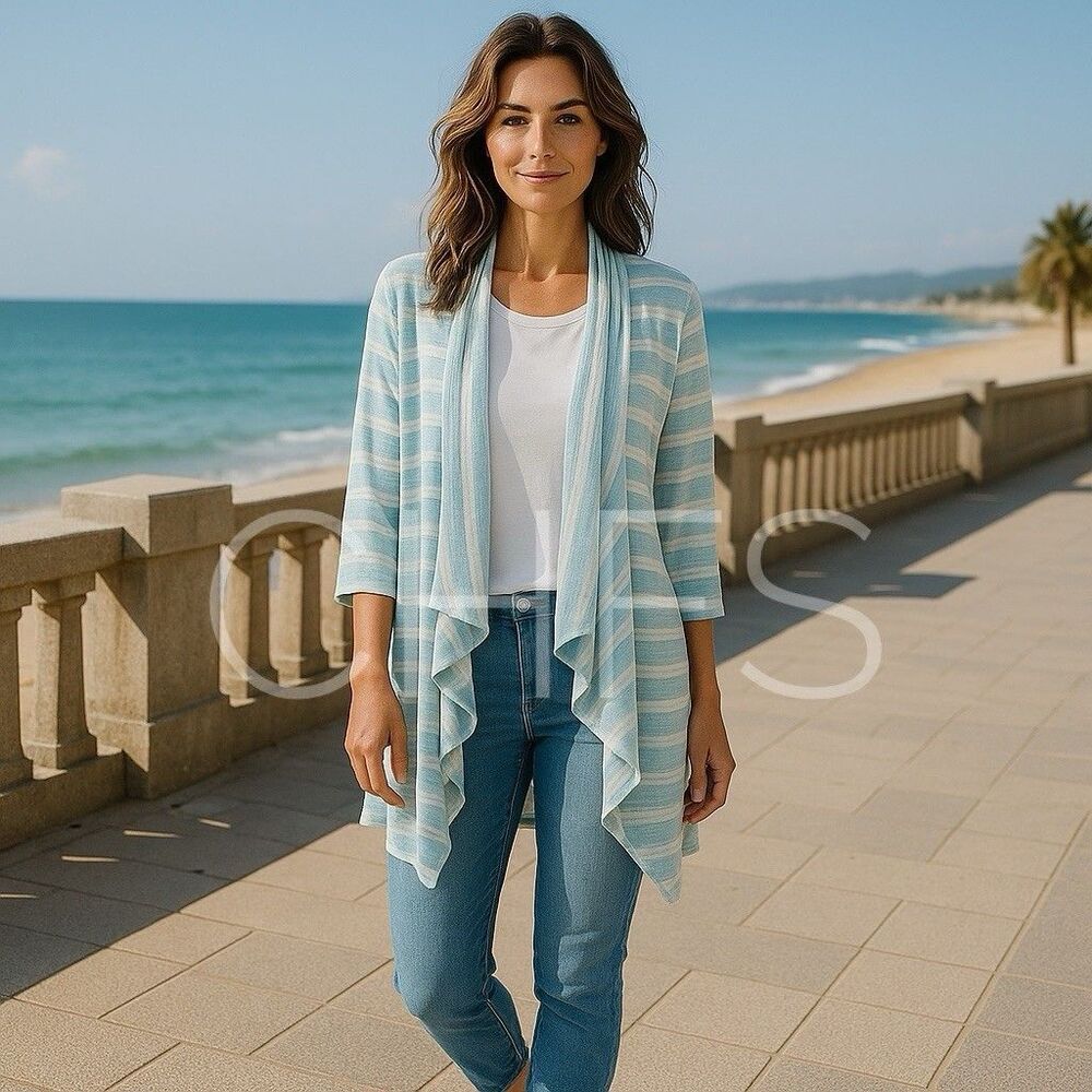 J Jill Open Front Linen Cardigan Womens Medium Blue White Striped 3/4 Sleeve